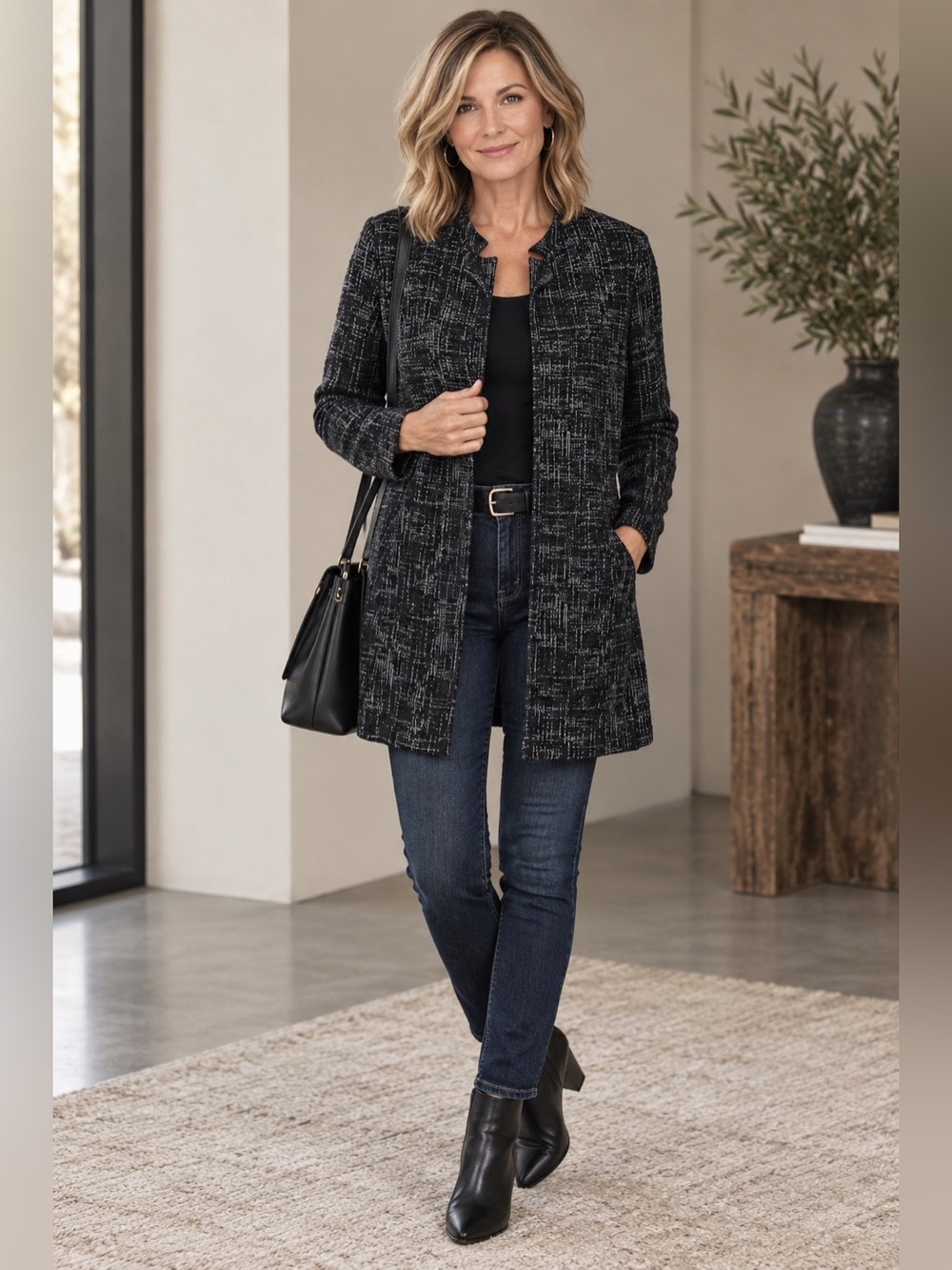 Eileen Fisher XS Black Gray Textured Long Jacket Cardigan Tencel Cotton USA Made